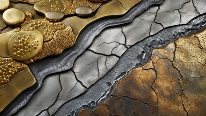 Wall Mural - A textured metal sculpture with gold and silver elements