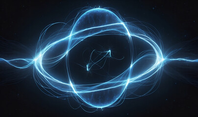 Poster - electrons of electricity flowing through space against a dark background.