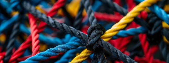 Close-up shot of vibrant ropes knotted together creating a colorful grid pattern, showcasing texture.