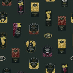 Wall Mural - Seamless pattern with ornate wine labels in retro style. Repeating vector background on the theme of wine and wineries. Suitable for vintage Wallpaper, wrapping paper, fabric