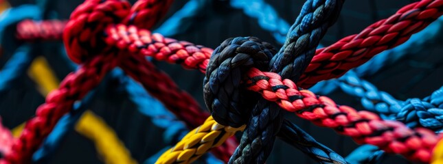 Close-up shot of vibrant ropes knotted together creating a colorful grid pattern, showcasing texture.