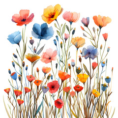 Wall Mural - Colorful flowers bloom in grass on white backdrop, creating a natural landscape