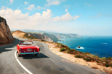 Wall Mural - A high-quality image of a convertible driving along a scenic coastal road, with the ocean on one side and cliffs on the other, capturing the freedom of a road trip