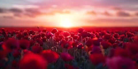 Wall Mural - Vibrant Timelapse Animation of a Field with Red Flowers at Sunset. Concept Nature, Timelapse, Animation, Flowers, Sunset