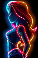 Wall Mural - Neon silhouette of woman, vibrant colors, modern digital art