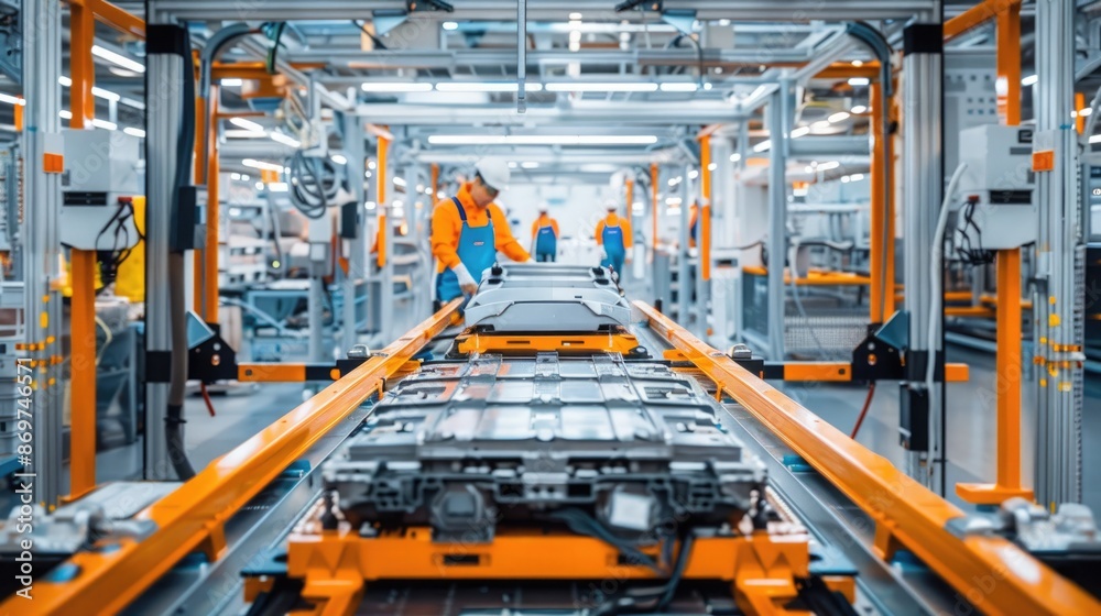 Ev Component Manufacturing Workers assembling EV batteries in a high-tech facility, showcasing ...