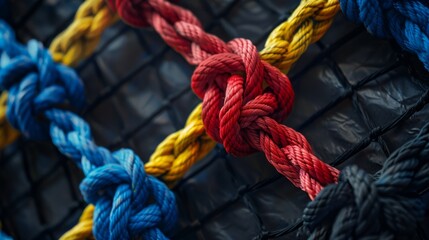 Vibrant close-up of intertwined red, blue, yellow ropes in a net structure, showing texture and detail.