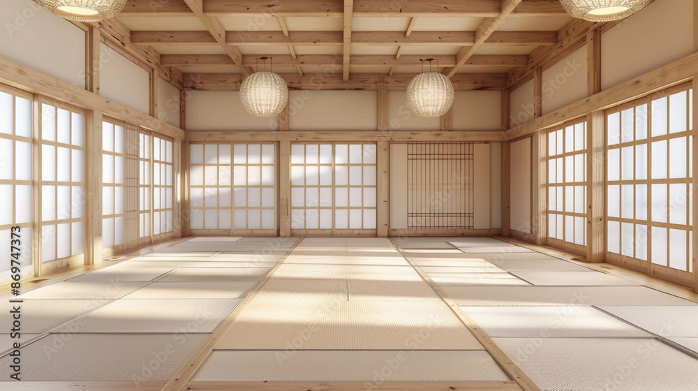Spacious big room for martial arts practicing. Traditional interior for ...