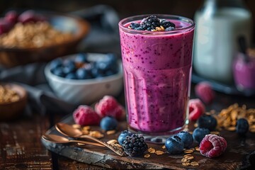 Wall Mural - A glass of fruit smoothie with fresh berries and spelt or wood cutlery on the table, there is also a  