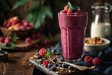 Wall Mural - A glass of fruit smoothie with fresh berries and spelt or wood cutlery on the table, there is also a small  