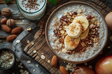 Wall Mural - A bowl of oatmeal with bananas and nuts on top