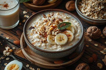 Wall Mural - A bowl of oatmeal with bananas and nuts on a wooden table