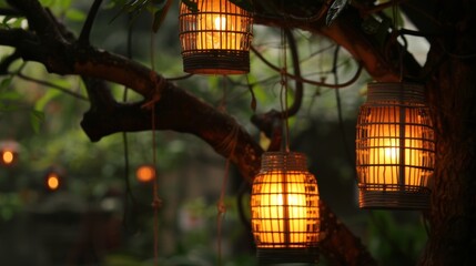 Canvas Print - Lanterns hanging from the trees provide a soft glowing light adding to the cozy atmosphere.