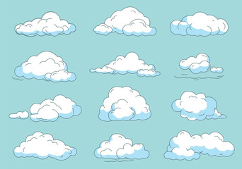 Poster - Set of clouds in flat cartoon design. A collection of puffy clouds is featured in this gorgeous image on a blue background. Vector illustration.