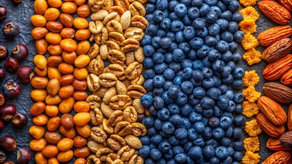 blueberries, nuts, cereals laid out in a row
