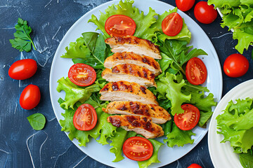 Wall Mural - A plate of grilled chicken and tomatoes on a leafy green salad