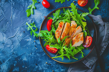 Wall Mural - A plate of chicken and salad with a fork on the right side