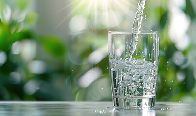 Poster - Pouring Water into a Glass with a Green Background