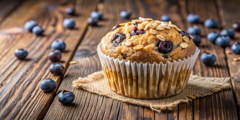 Delectable Blueberry Oatmeal Muffin on Wooden Surface, Baking Time, Homemade Treat, Breakfast, Pastry