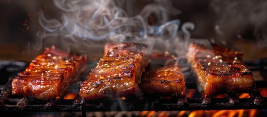 Poster - Barbecued pork belly sizzling over hot coals creating a smoky aroma; great copy space image.