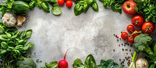 Wall Mural - A frame of fresh vegetables and greens displayed as natural vegetarian food with copy space image.