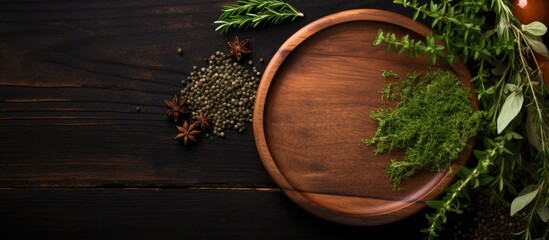 Leinwandbilder - Top view of a round wooden plate with herbs and salt displayed on a dark wooden background, with room for text or other elements in the copy space image.