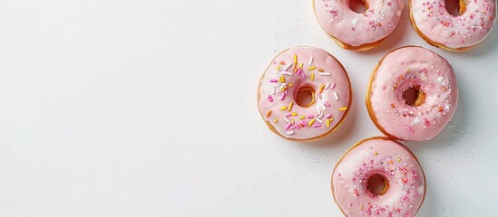 Poster - An overhead view of a delectable dessert - iced donuts on a white backdrop with room for text or images.