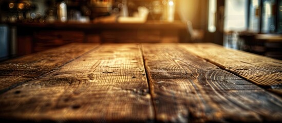 Poster - Brown wooden table with shallow depth of field in a cafe setting, suitable as a copy space image for product displays or photomontages.