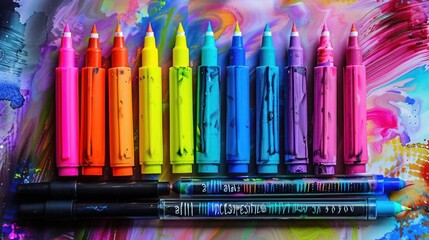 A set of colorful markers displayed on a background of a hand-drawn abstract art, emphasizing creativity and art supplies