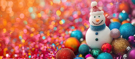 Poster - Snowman adorned with colorful Christmas balls on a vibrant decorative backdrop, providing space for additional images.