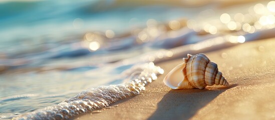 Sticker - Seashell on the sandy shore with a beautiful copy space image.