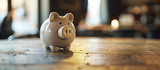 Poster - A piggy bank sits on a wooden table with copy space image.
