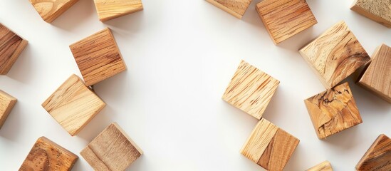 Leinwandbilder - Natural wood cubes on white backdrop with space for text.