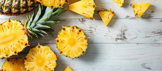 Poster - Ripe pineapples, whole and sliced, placed on white wood table with room for copy space image.