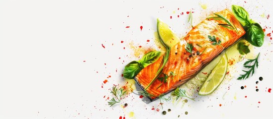 Poster - An appetizing dish of salmon fillet with aromatic herbs and spicy seasonings, presented in a visually appealing manner with a blank space for adding text or graphics.