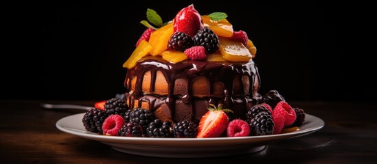 Aufkleber - A decadent Chocolate Stout Cake topped with caramel sauce and fresh fruits, perfect for displaying in a copy space image.
