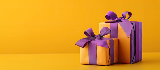 Poster - Two beautifully wrapped gift boxes, featuring violet bows, set against a vibrant yellow backdrop, ideal for showcasing in a copy space image.