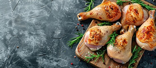 Poster - Chicken quarters with legs displayed on a cutting board against a gray backdrop with copy space image.