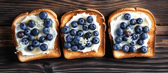 Poster - Top view of delectable toasts with butter and blueberries on a rustic grey wooden table, with room for text in the image