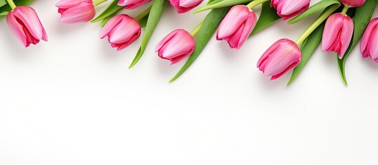 Aufkleber - Top view of tulip flowers creating a border frame on a white background with a copy space image.