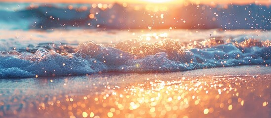 Poster - Beautiful sunset view over the sea with sparkling waves on the sandy beach on a sunny summer day, creating a serene water background, ideal for including copy space image.