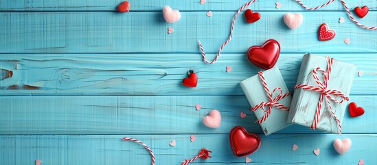 Poster - Valentine's Day-themed mock-up with heart-shaped accessories on a pretty blue wooden table, perfect for text. Top view with copy space image.