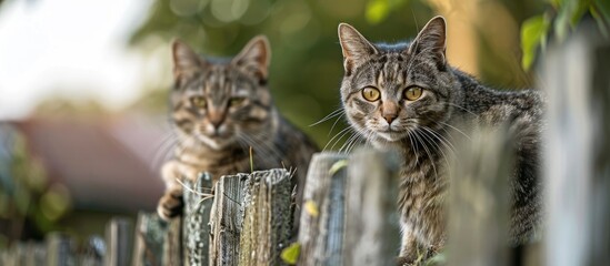 Poster - A lovely grey tabby cat with brown eyes perched on a fence in the countryside during summer, with a village backdrop providing space for text.