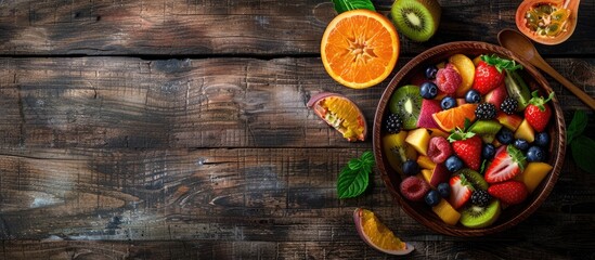 Sticker - Wooden table with a tasty fruit salad in a bowl, with ample copy space image.