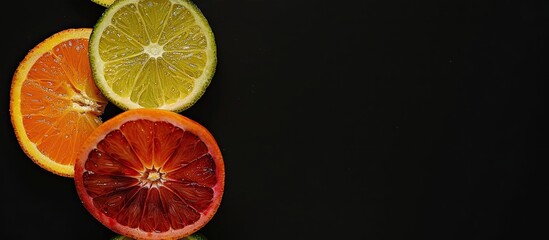 Poster - Close-up of whole and sliced red, orange, and lime on a black background, perfect for a postcard or template with copy space image.