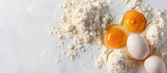 Poster - Top view of flour and eggs for dough preparation on a white background with a close-up focus, providing ample copy space for text or images.