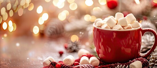 Wall Mural - Christmas-themed hot chocolate with marshmallows showcased in the foreground with a blurry background, perfect for adding text or logos in the copy space image.