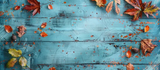 Aufkleber - Aqua blue distressed wood with autumn decor and leaves for social media and web banners with autumn-themed rustic background and copy space image.
