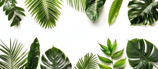 Leinwandbilder - Tropical leaves of different species displayed on a white backdrop, showing the cutting path for easy editing with copy space image.