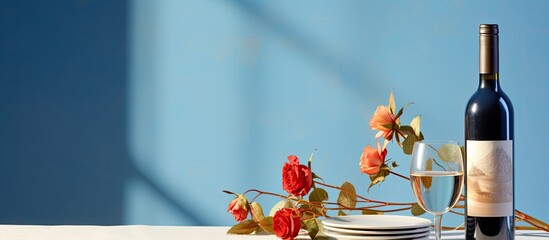 Wall Mural - Summer-themed table setting with eucalyptus leaves casting shadows on a serene blue backdrop, featuring a bottle of rose wine - ideal for romantic holiday menus. Ample copy space image in banner